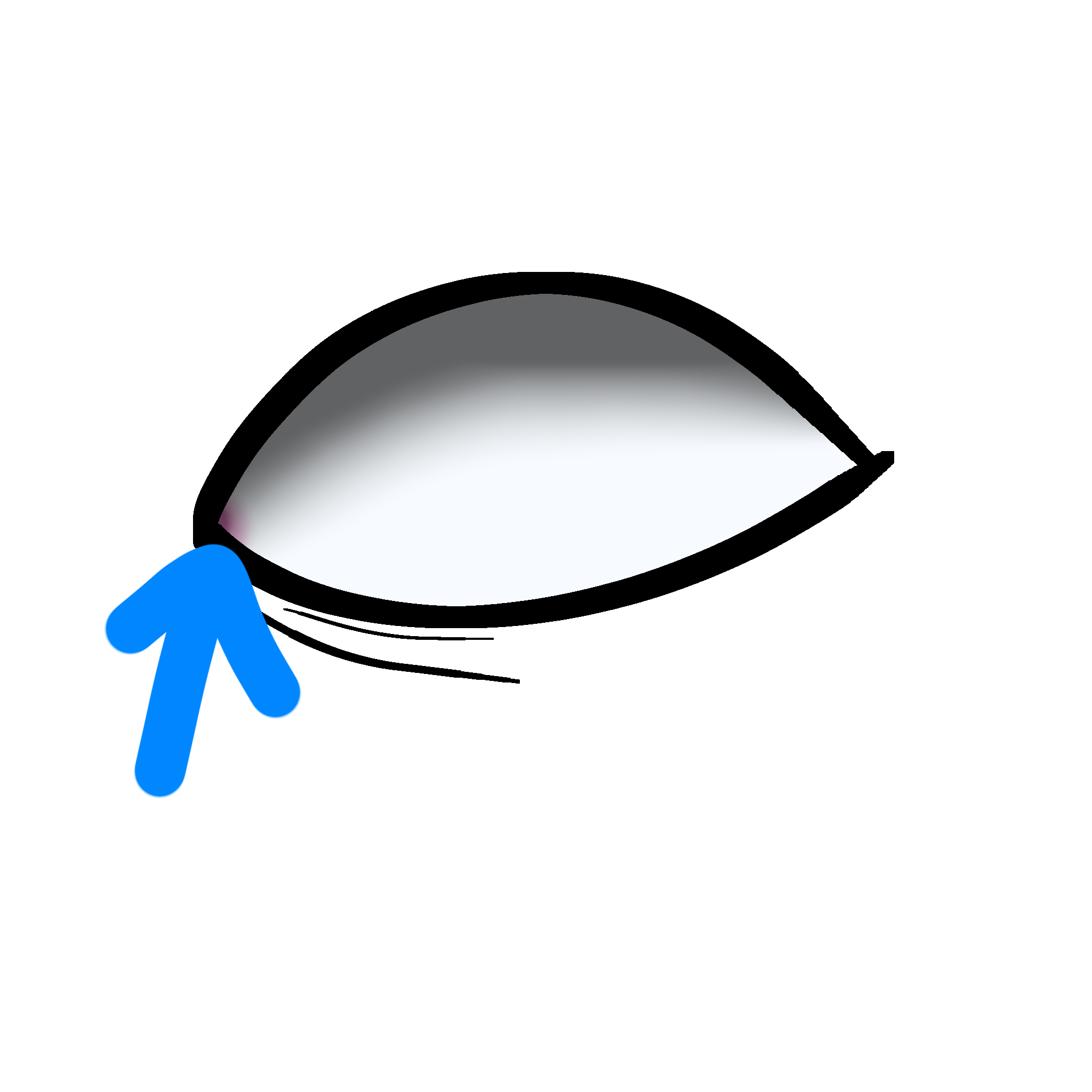 a stylized drawing of an eyeball with no iris or pupil with a blue arrow pointing to the inner corner / tear duct